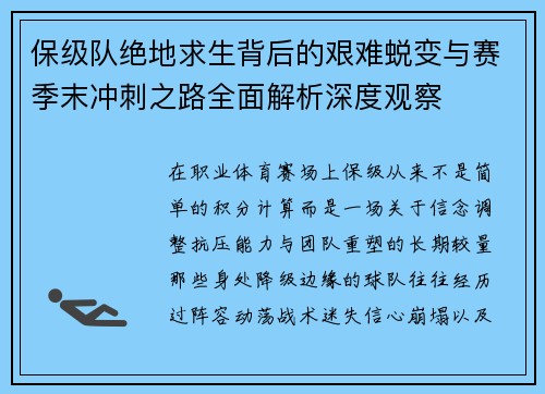 保级队绝地求生背后的艰难蜕变与赛季末冲刺之路全面解析深度观察